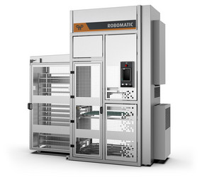 Tray loading robot ROBOMATIC for bread roll baking systems Automatic tray loading robot at a bread roll baking system